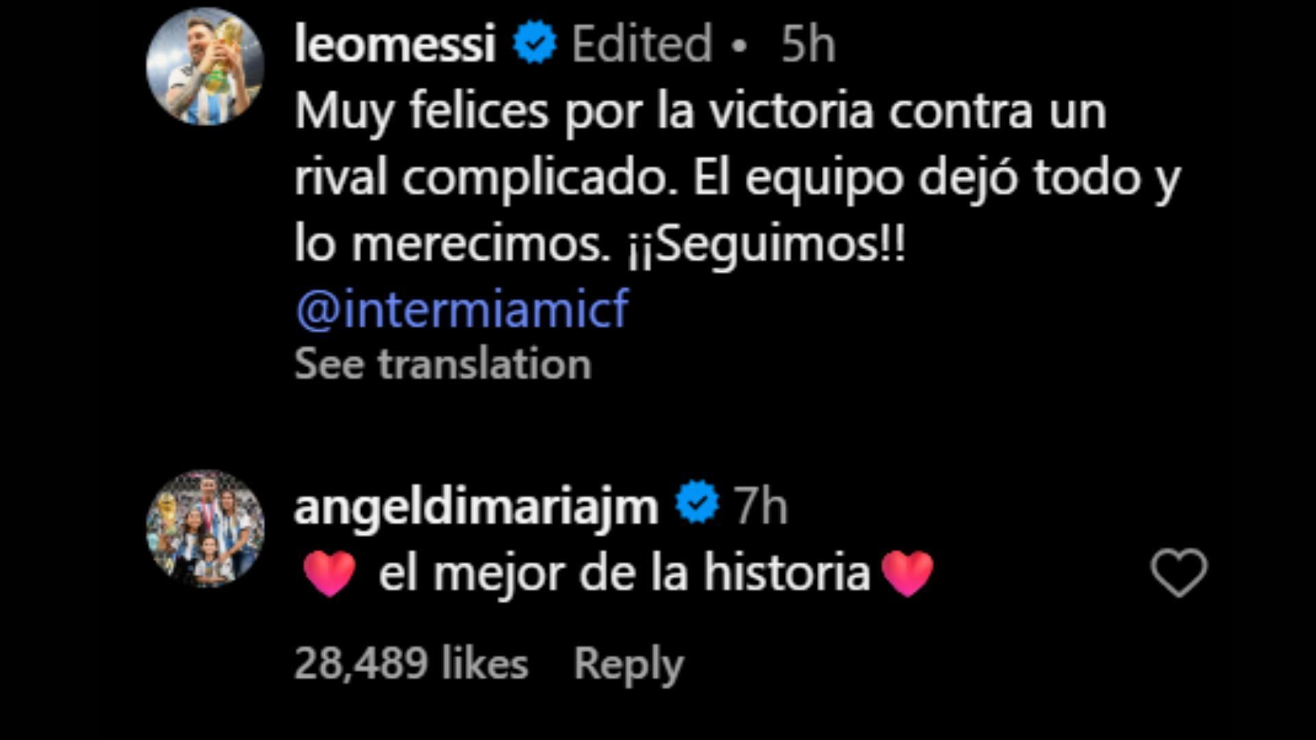 Angel Di Maria's comment on Messi's post (Image via Instagram/@leomessi)